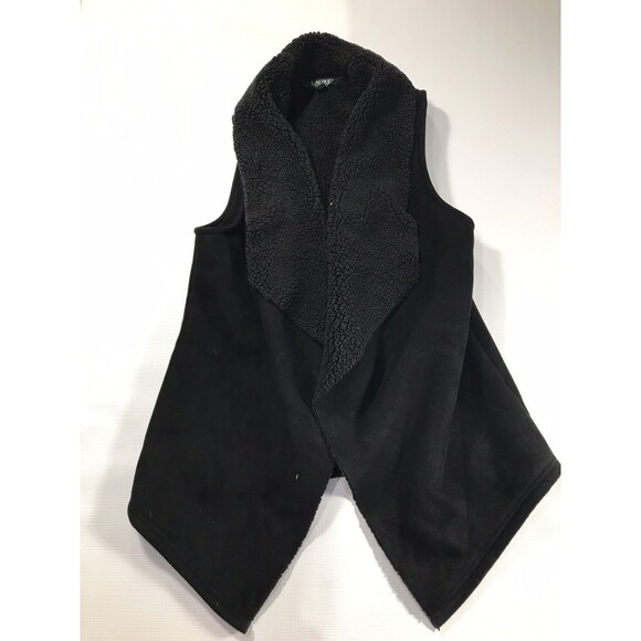 Ralph Lauren Velour Waterfall Vest Size Small Black Open Front - Picture 1 of 7